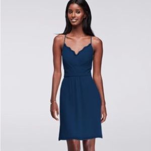 David’s Bridal Chiffon Navy Lace Back Short Bridesmaids Dress